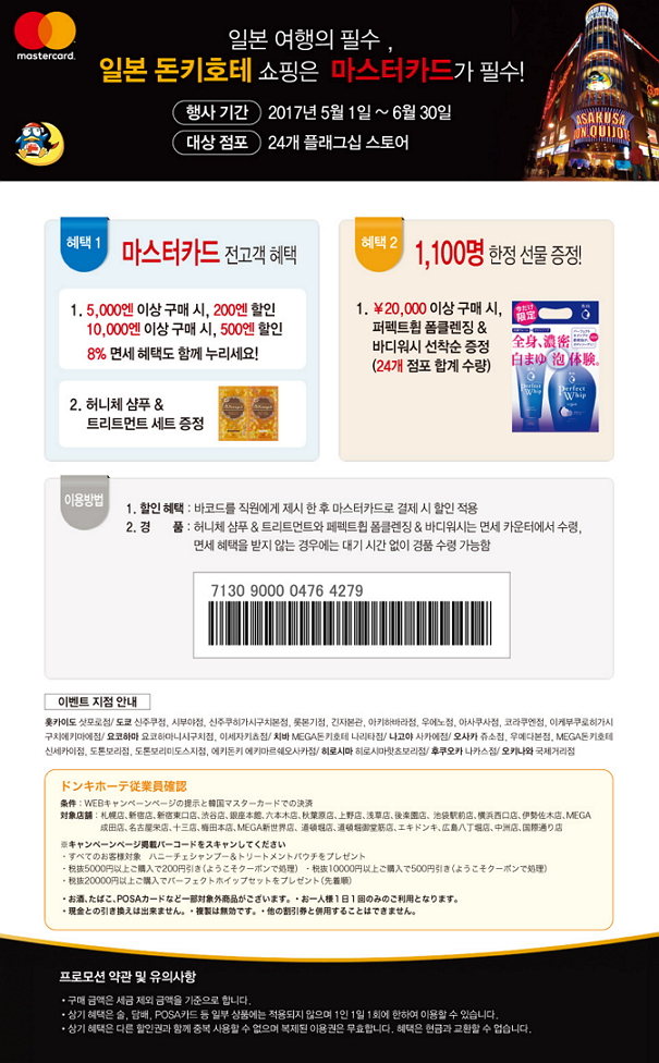 일본 여행의 필수, 일본 돈키호테 쇼핑은 마스터카드가 필수! 행사기간: 2017년 5월 1일 ~ 6월 30일, 대상점포: 24개 플래그십 스토어 혜택1 마스터카드 전고객 혜택 1. 5000엔 이상 구매 시, 200엔 할인, 10000엔 이상 구매 시, 500엔 할인 8% 면세 혜택도 함께 누리세요 2. 허니체 샴푸 & 트리트먼트 세트 증정 혜택 2. 1100명 한정 선물 증정 ! 1. 20000엔 이상 구매 시, 퍼펙트휩 폼클렌징 & 바디워시 선착순 증정(24개 점포 합계 수량) 이용방법 1. 할인 혜택: 바코드를 직원에게 제시 한 후 마스터카드로 결제 시 할인 적용, 2. 경품: 허니체 샴푸 & 트리트먼트와 퍼펙트휩 폼클렌징 & 바드워시는 면세 카운터에서 수령, 면세 혜택을 받지 않는 경우에는 대기 시간 없이 경품 수령 가능함 이벤트 지점 안내 훗카이도 삿포로점/ 도쿄 신주쿠점, 시부야점, 신주쿠히가시구치본점, 롯본기점, 긴자본관, 아키하바라점, 우에노점, 아사쿠사점, 코라쿠엔점, 이케부쿠로히가시구치에키마에점/ 요코하마 요코하마니시구치점, 이세자키쵸점/치바 MEGA돈키호테 나리타점/ 나고야 사카에점 /오사카 쥬소점, 우메다본점, MEGA돈키호테 신세카이점, 도톤보리점, 도톤보리미도스지점, 에키돈키 에키마르쉐오사카점/ 히로시마 히로시마핫쵸보리점/ 후쿠오카 나카스점/오키나와 국제거리점
