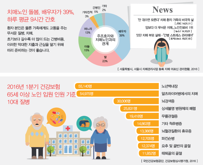 첫번째 치매노인 돌봄. 배우자가 39% 하루 평균 9시간 간호 분포도 이미지, 두번쨰 2016년 1분기 건강보험 65세 이상 노인 입원 인원 기준 10대 질병 조사 이미지